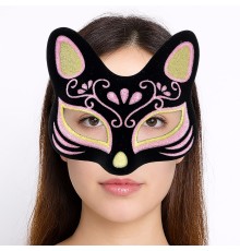 Siyah Renk Süet Kaplama Üzeri Sarı Pembe Simli Kedi Maskesi 17x14 cm