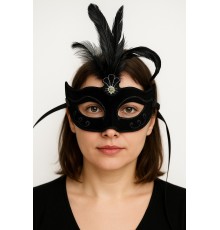 Siyah Renk Tüylü Siyah Süet Kaplama Parti Balo Maskesi 20X16 cm