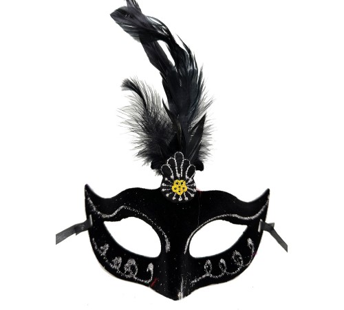 Siyah Renk Tüylü Siyah Süet Kaplama Parti Balo Maskesi 20X16 cm