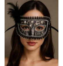 Siyah Renk Yandan Tüylü İnci İşlemeli Taşlı Dantelli Parti Maskesi 17x12 cm
