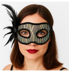 Siyah Renk Yandan Tüylü Pul Payet İşlemeli Parti Maskesi 23x12 cm