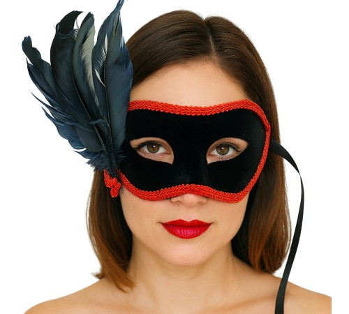 Siyah Renk Yandan Tüylü Siyah Süet Kaplama Parti Balo Maskesi 21x20 cm