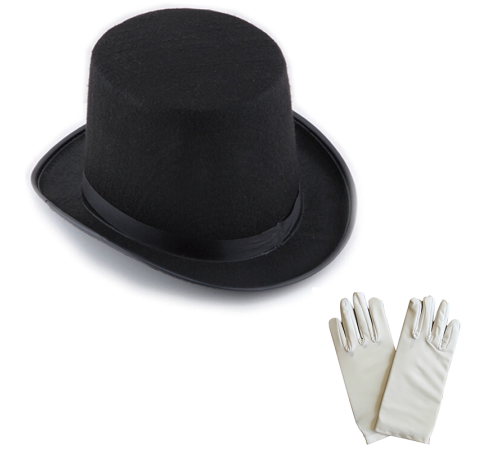 Siyah Sihirbaz Fötr Şapka 15 cm - 1 Çift Beyaz Sihirbaz Eldiveni - Yetişkin Boy
