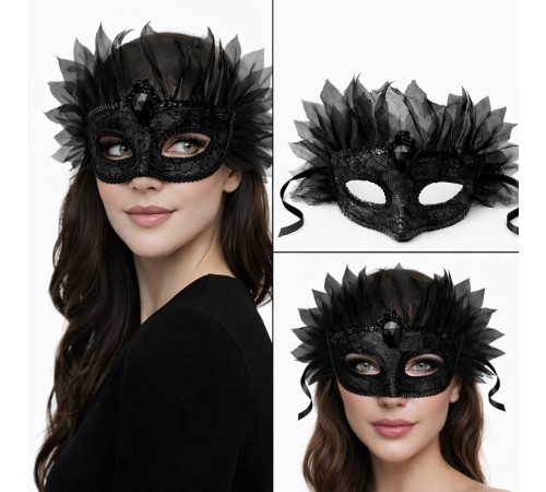 Siyah Taşlı Venedik Maskesi Lüks Tüllü Parti Maskesi