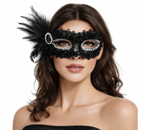 Siyah Taşlı Venedik Parti Maskesi – Tüylü Payetli