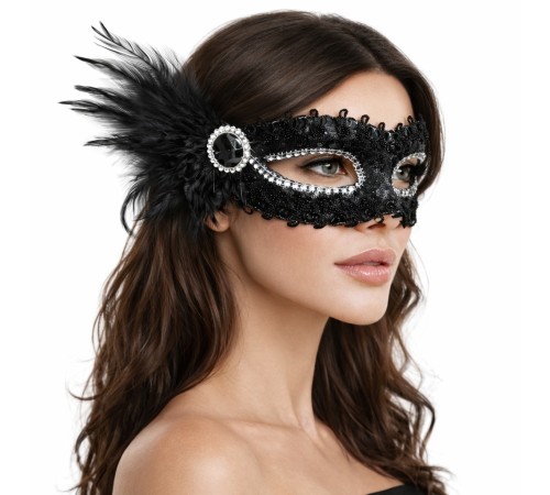 Siyah Taşlı Venedik Parti Maskesi – Tüylü Payetli