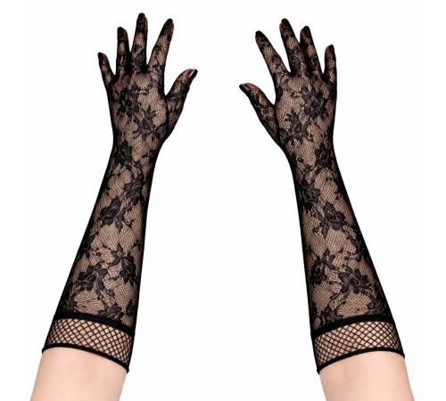 Siyah Uzun Gül Desenli Dantel Kadın Eldiveni