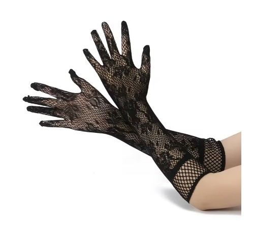 Siyah Uzun Gül Desenli Dantel Kadın Eldiveni