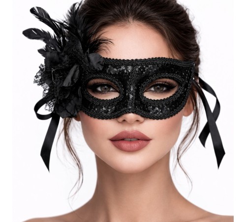 Siyah Venedik Parti Maskesi – Çiçekli Tüylü Payetli