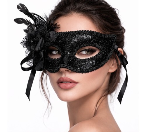 Siyah Venedik Parti Maskesi – Çiçekli Tüylü Payetli