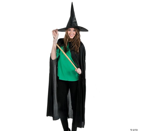 Siyah Yakalı 120 cm Yetişkin Pelerin ve Siyah Kumaş Cadı Şapkası