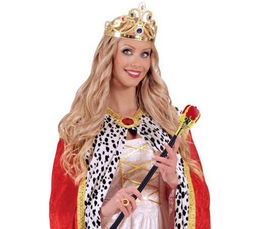 Taşlı Altın Renk Prenses Tacı ve Kırmızı Kraliyet Prenses Asası