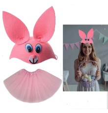 Tavşan Kostümü Pembe - 23 Nisan Tavşan Şapka ve Tütü Etek Seti 2 Parça