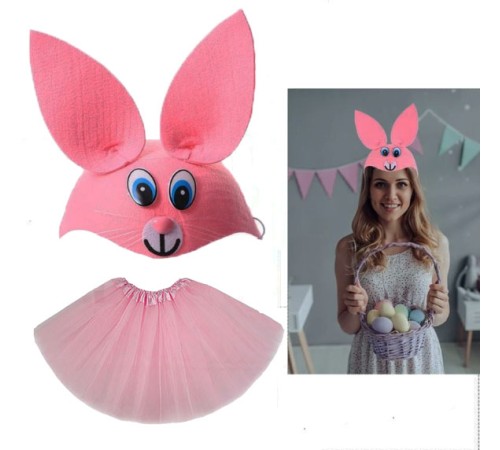 Tavşan Kostümü Pembe - 23 Nisan Tavşan Şapka ve Tütü Etek Seti 2 Parça