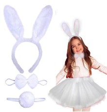 Tavşan Tacı Eteği Papyonu ve Kuyruk Kostüm Seti Beyaz Renk Çocuk Boy