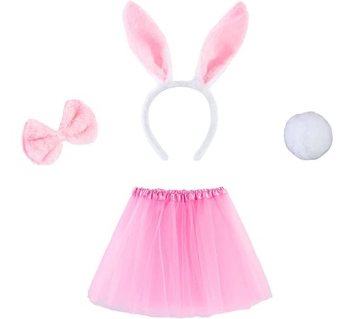 Tavşan Tacı Eteği Papyonu ve Kuyruk Kostüm  Seti Pembe Renk Çocuk Boy