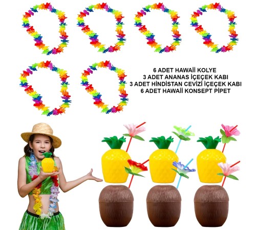 Tropikal Hawaii Parti Malzemeleri – Kolye, Pipet, Bardak Seti