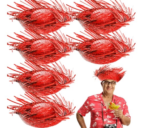 Tropikal Parti Kırmızı Hasır Hawaii Şapkası 13x36 cm