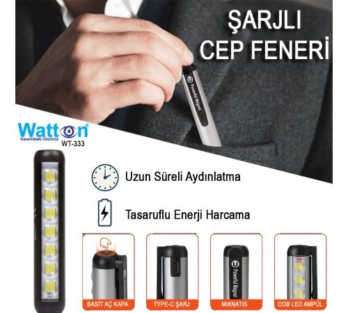 Type-C Girişli Miknatisli Şarjlı Cep Feneri Wt-333