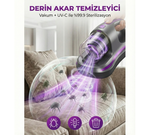 UV Işık Teknolojili Güçlü Motorlu Yatak Temizleme Cihazı - %99,9 Akar Giderme Özelliği ile