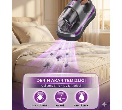 UV Işık Teknolojili Güçlü Motorlu Yatak Temizleme Cihazı - %99,9 Akar Giderme Özelliği ile