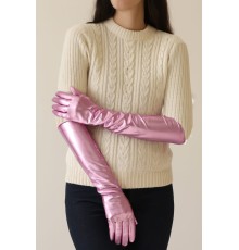 Uzun Boy Ekstra Parlak Eldiven Pembe Renk İç Kısım Vinleks Deri Dirsek Boyu