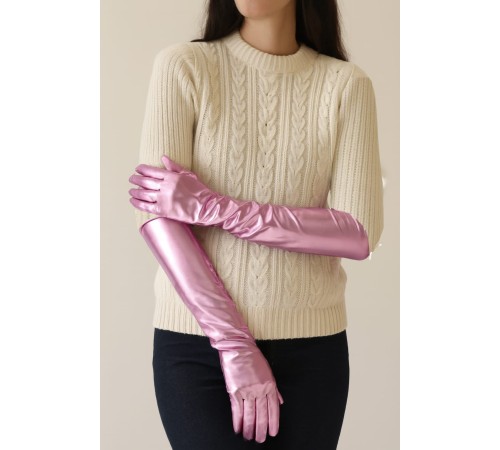 Uzun Boy Ekstra Parlak Eldiven Pembe Renk İç Kısım Vinleks Deri Dirsek Boyu