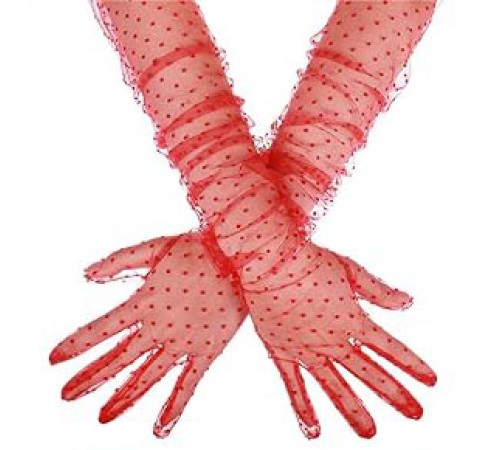 Uzun Boy Kırmızı Puantiyeli Kırmızı Renk Yetişkin Tül Eldiven 55 cm