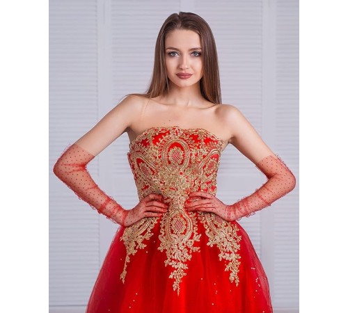 Uzun Boy Kırmızı Puantiyeli Kırmızı Renk Yetişkin Tül Eldiven 55 cm