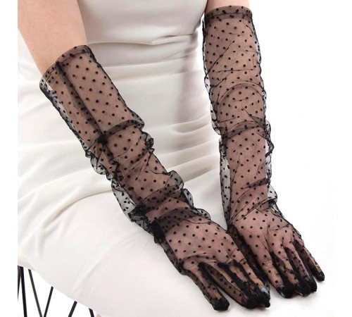Uzun Boy Siyah Puantiyeli Siyah Renk Yetişkin Tül Eldiven 55 cm