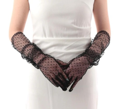 Uzun Boy Siyah Puantiyeli Siyah Renk Yetişkin Tül Eldiven 55 cm