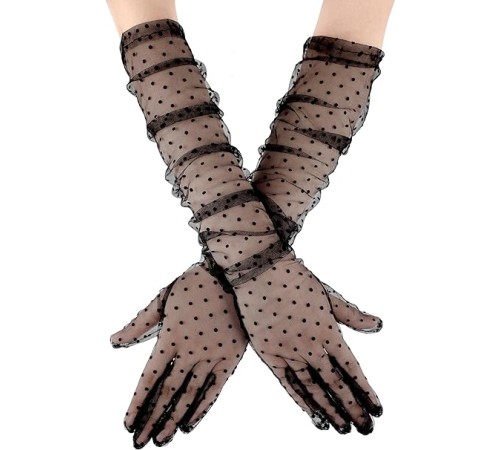 Uzun Boy Siyah Puantiyeli Siyah Renk Yetişkin Tül Eldiven 55 cm