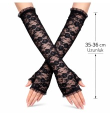 Uzun Zarif Dantel Eldiven Parmaksız Siyah 35 cm