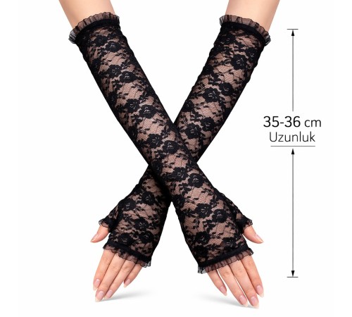 Uzun Zarif Dantel Eldiven Parmaksız Siyah 35 cm
