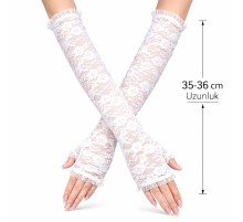 Uzun Zarif Dantel Eldiven Parmaksız Beyaz 35 cm