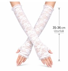 Uzun Zarif Dantel Eldiven Parmaksız Beyaz 35 cm