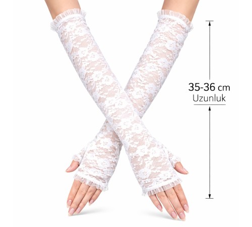Uzun Zarif Dantel Eldiven Parmaksız Beyaz 35 cm