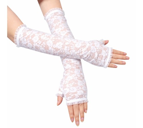 Uzun Zarif Dantel Eldiven Parmaksız Beyaz 35 cm