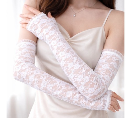 Uzun Zarif Dantel Eldiven Parmaksız Beyaz 35 cm