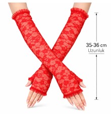 Uzun Zarif Dantel Eldiven Parmaksız Kırmızı 35 cm