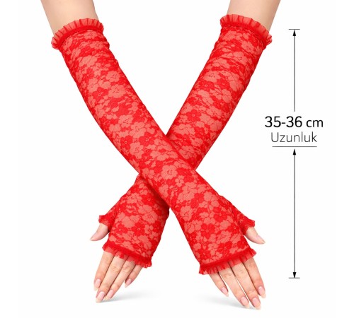 Uzun Zarif Dantel Eldiven Parmaksız Kırmızı 35 cm