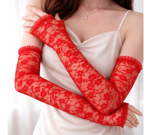 Uzun Zarif Dantel Eldiven Parmaksız Kırmızı 35 cm