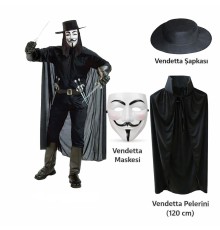Vendetta Kostüm Seti – Şapka Maske Pelerin (120 cm)