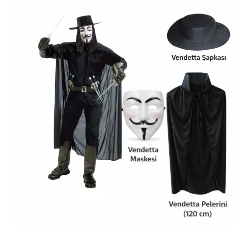 Vendetta Kostüm Seti – Şapka Maske Pelerin (120 cm)