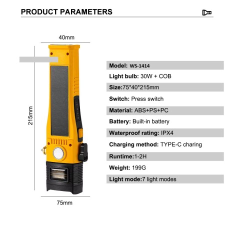 Wison WS-1414 Cam Kıracaklı Dijital Göstergeli Mıknatıslı Şarjlı Acil Durum Tamirci Feneri