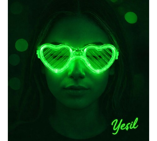 Yeşil LED Işıklı Kalp Gözlük – 3 Modlu Parti & Glow Gözlüğü