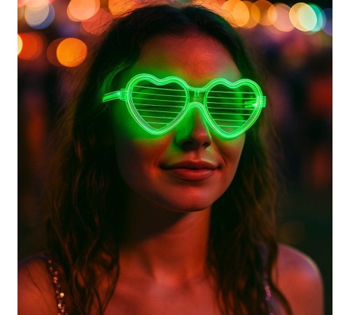 Yeşil LED Işıklı Kalp Gözlük – 3 Modlu Parti & Glow Gözlüğü
