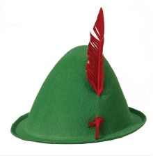 Yeşil Renk Kırmızı Tüylü Peter Pan Şapkası Robin Hood Şapkası 24X23 cm