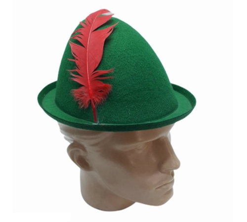 Yeşil Renk Kırmızı Tüylü Peter Pan Şapkası Robin Hood Şapkası 24X23 cm