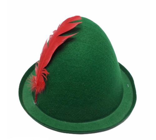 Yeşil Renk Kırmızı Tüylü Peter Pan Şapkası Robin Hood Şapkası 24X23 cm